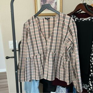 RAILS V neck cotton blouse pink and black plaid